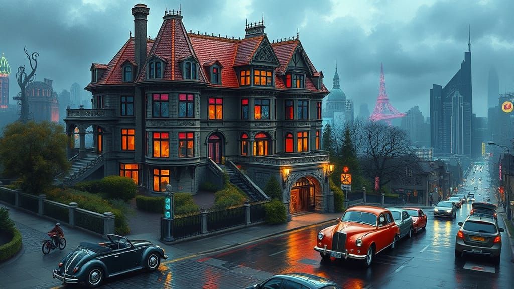 Victorian Mansion Overlooking Cyberpunk City as Impasto Pain...