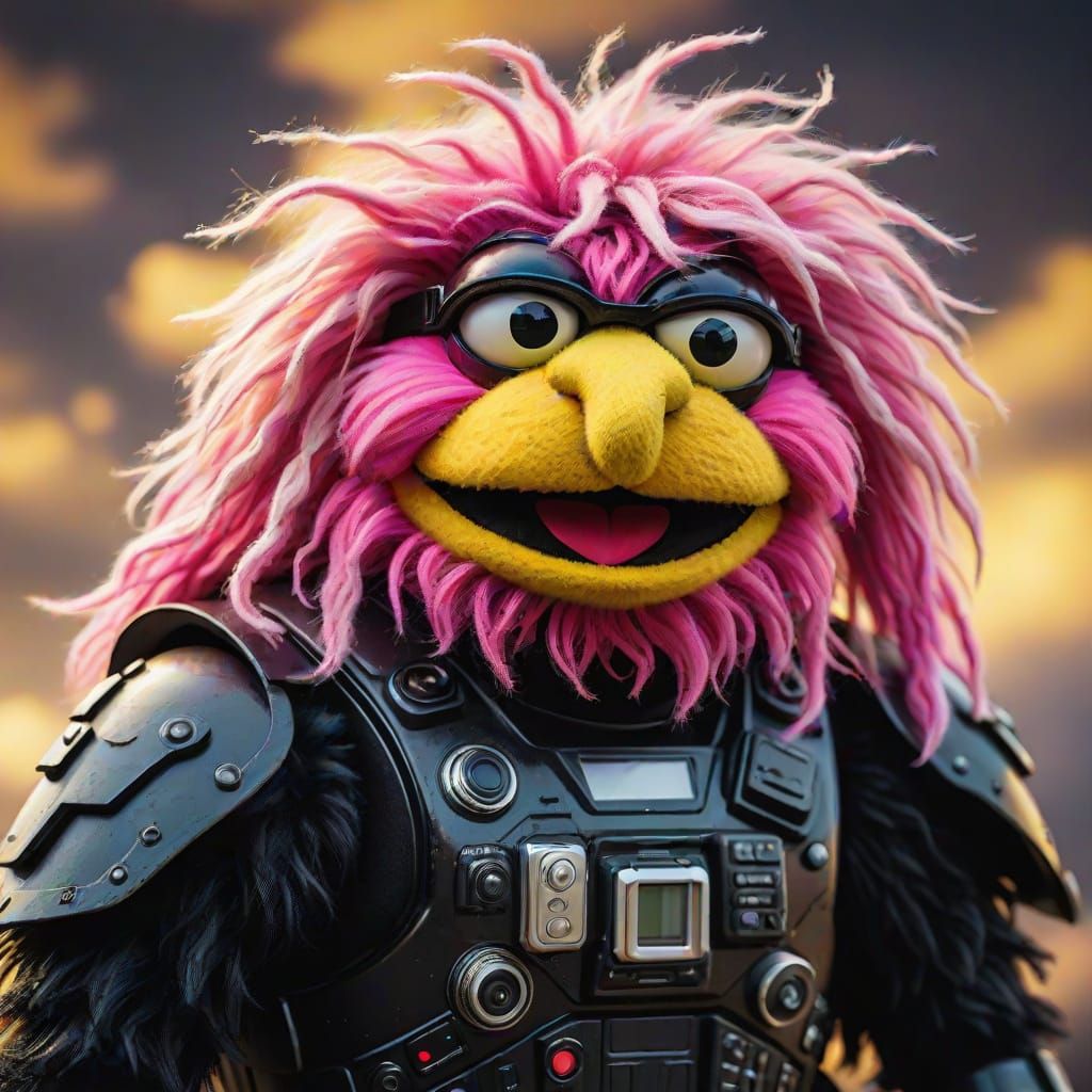 Dark Angel Muppet Portrait in Vibrant Yellow and Pink