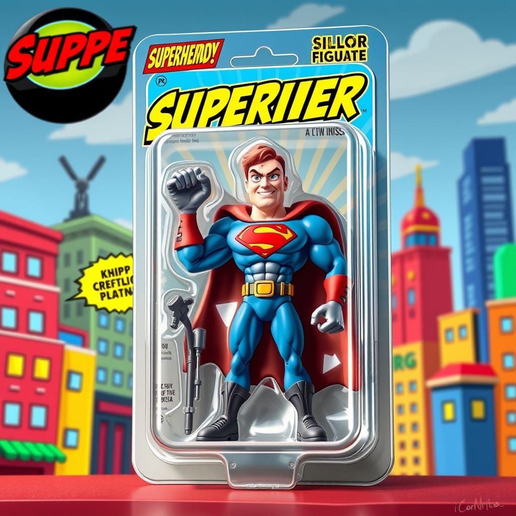 Silly Superhero Action Figure in Cartoonish Comic Book Style