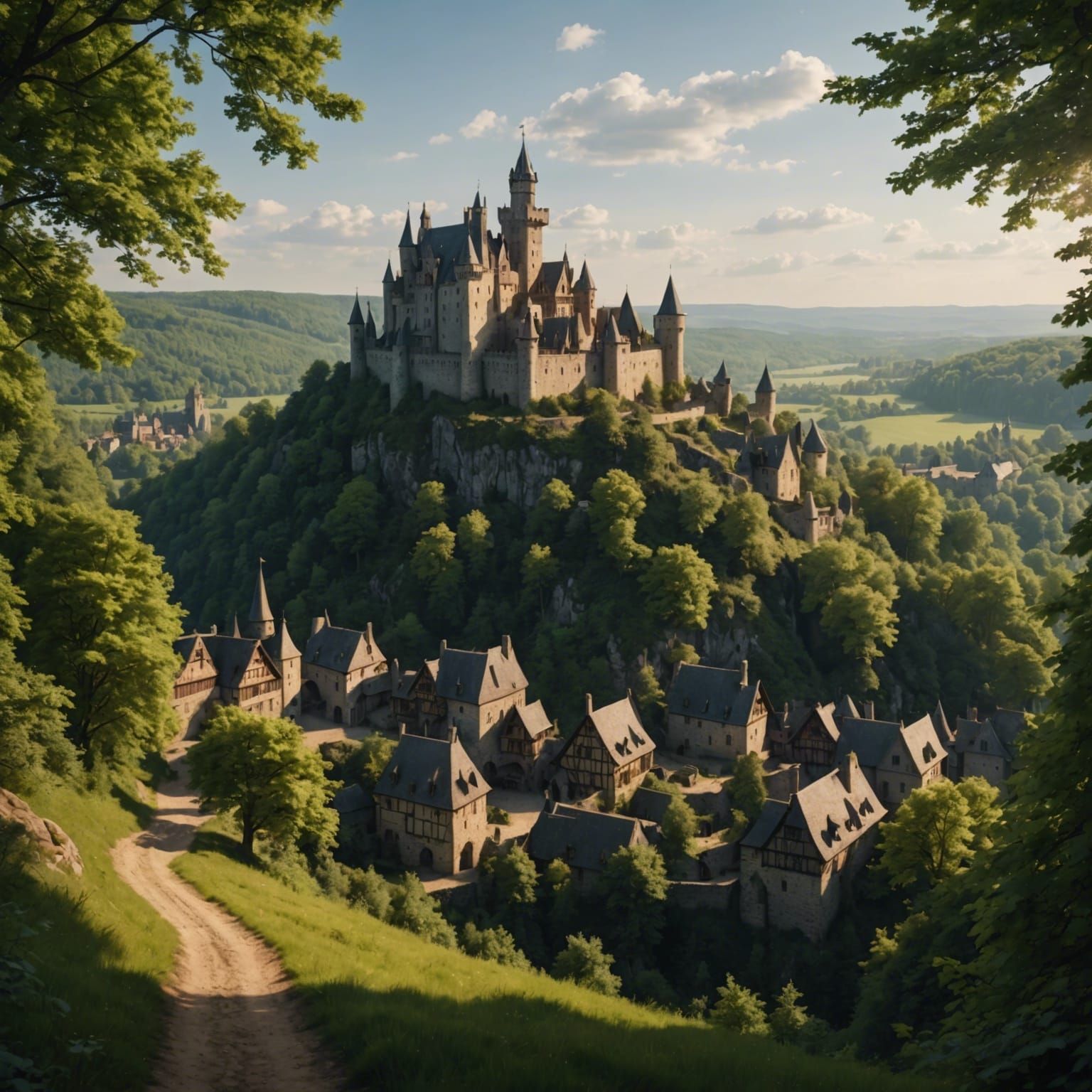 Medieval Village and Castle in Forest, 8K