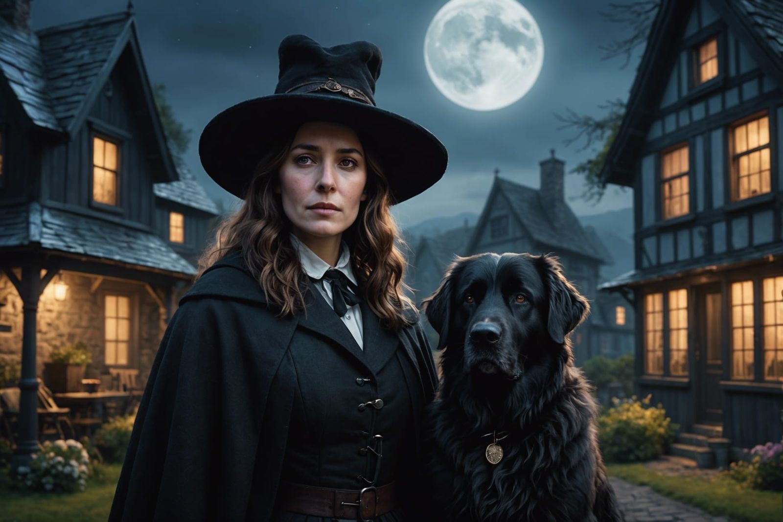 Female Plague Doctor with Newfoundland Dog