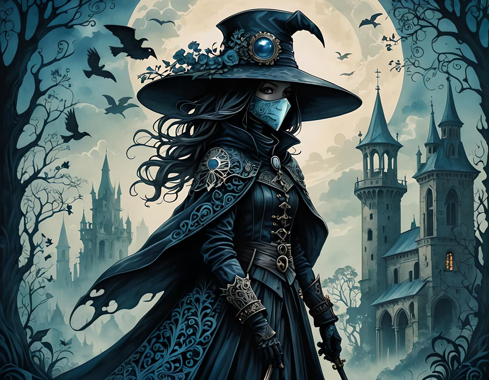 Fantasycore Plague Doctor Silhouette in Cyanotype Style