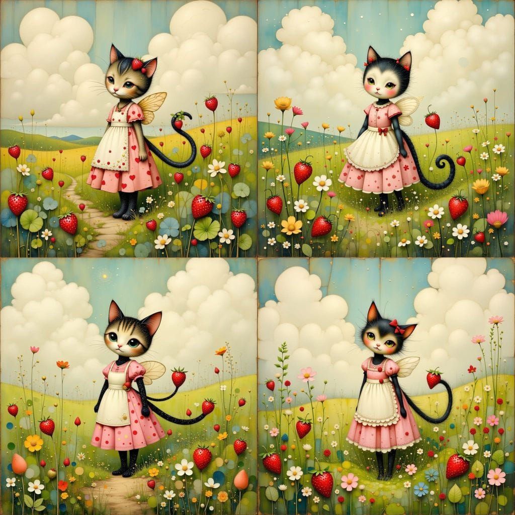 Cat Fairy in Strawberry Field, Storybook Illustration