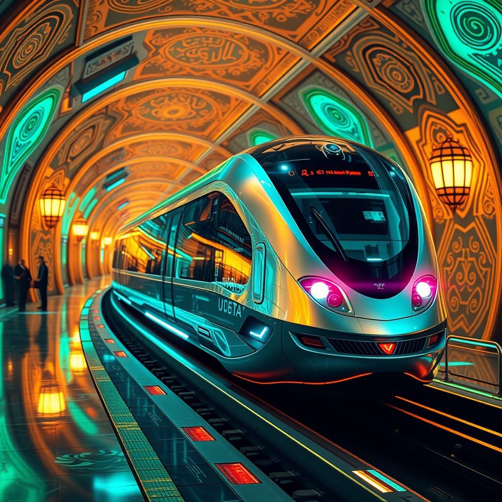 Futuristic Dubai Metro Terminal in Neon Hues