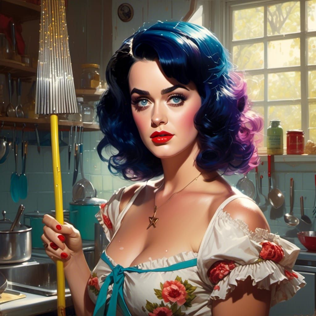 Animated Portrait of a Woman with Mop in Kitchen