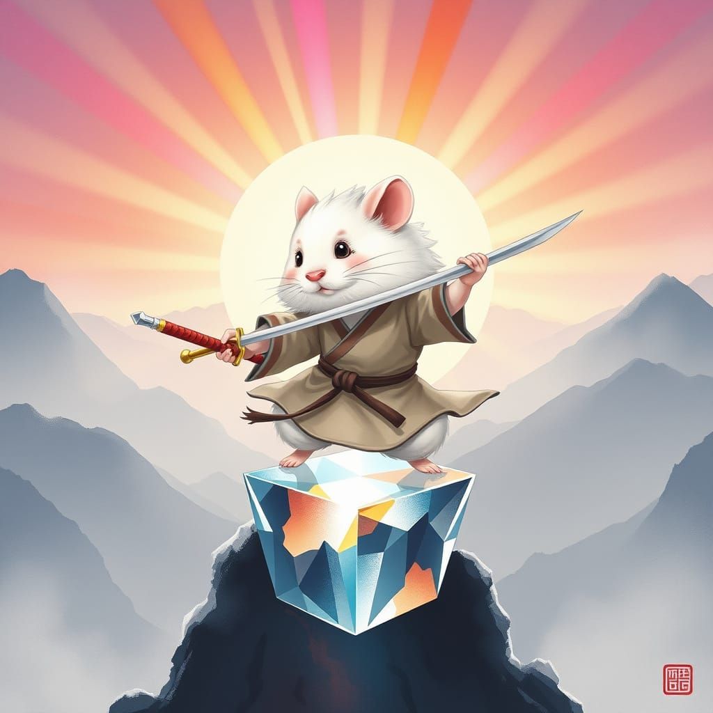 A cute and fluffy wuxia chibi hamster gracefully performs a ...