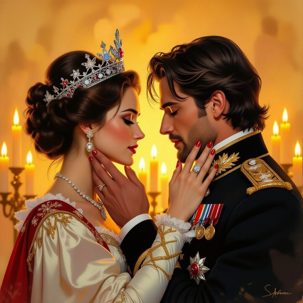 Queen Cups King's Face in Candlelight, Airbrushed Acrylic