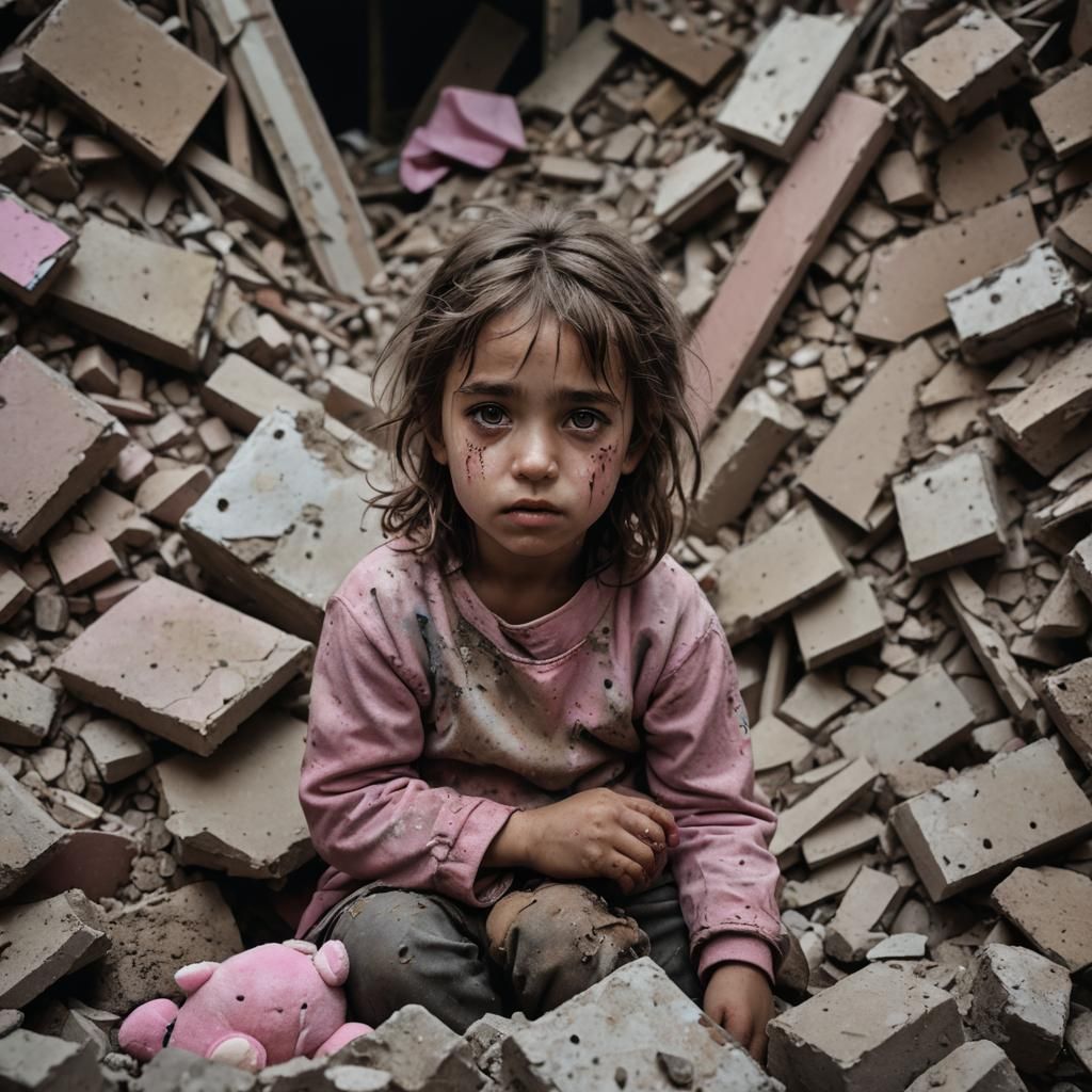 Child in War Zone with Pink Unicorn