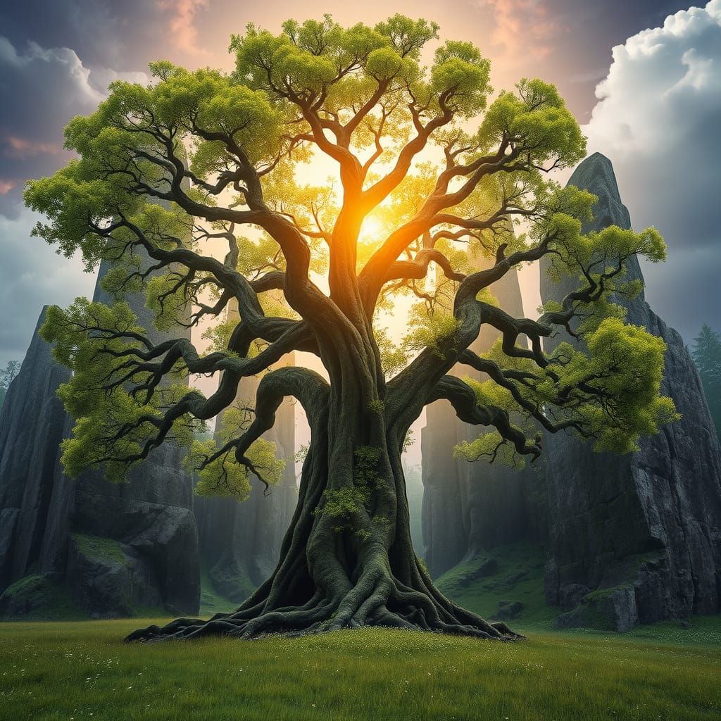 Majestic Sacred Tree Radiates Divine Energy Amidst Ancient M...