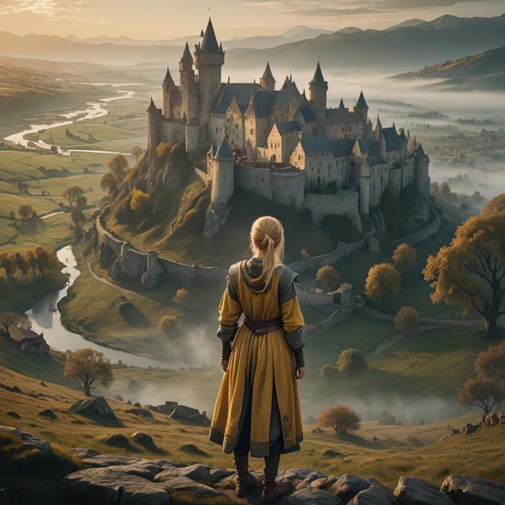 Female Knight in Foggy Medieval Landscape