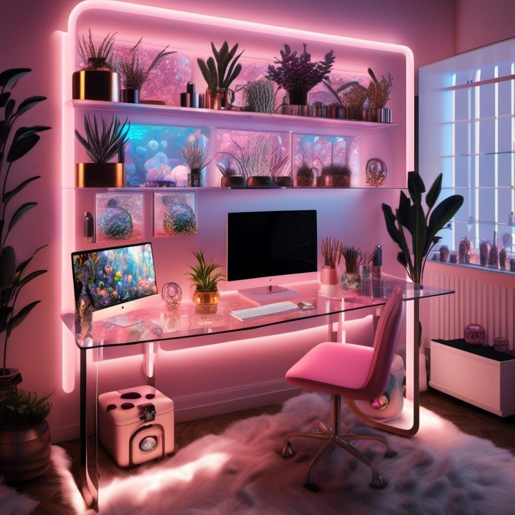 Pink Pastel Gamer Girl Computer Desk with Aquarium