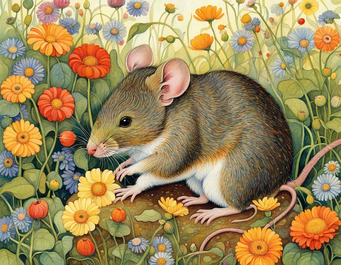 Mouse Collecting Flowers: Art Nouveau Illustration