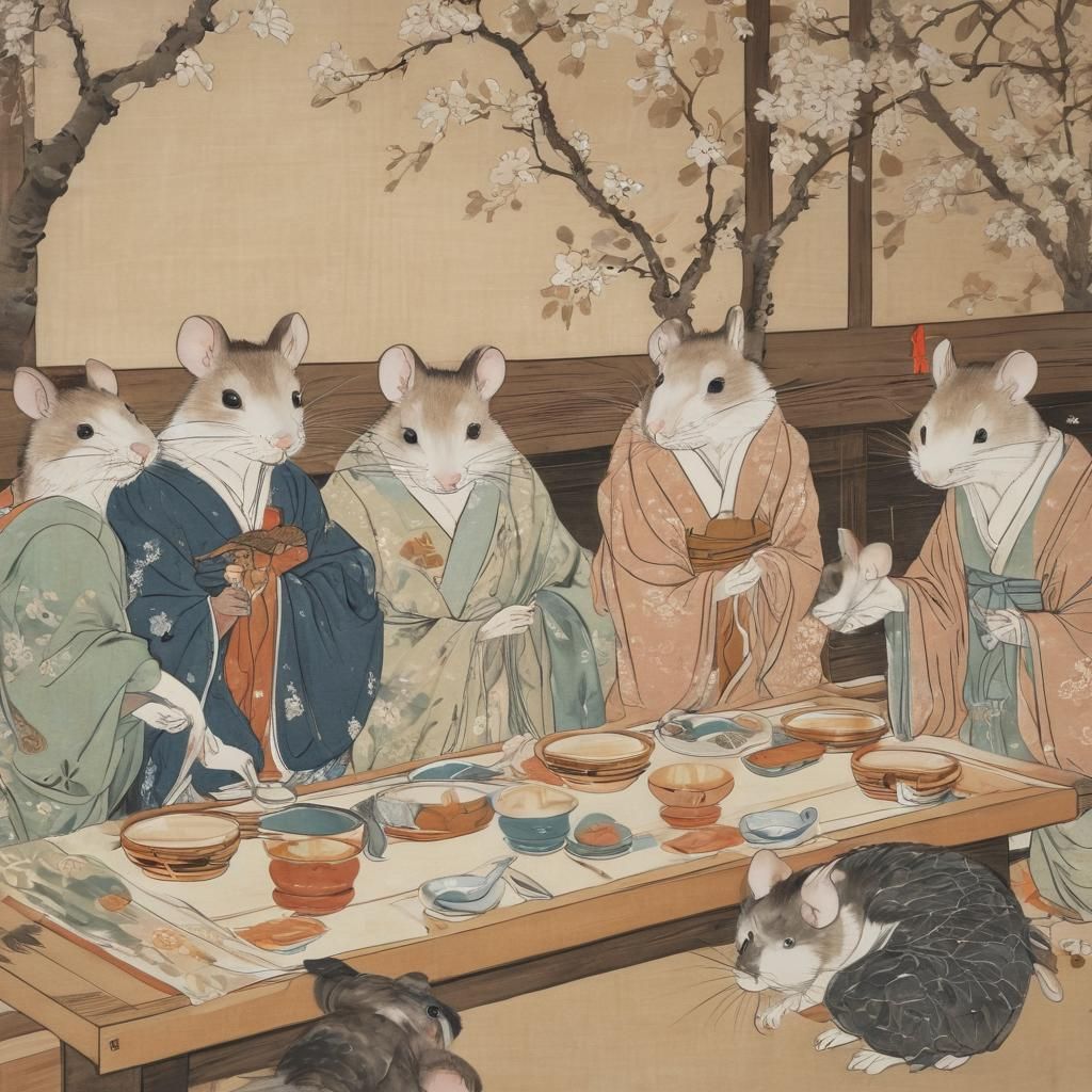 Ukiyo-e Last Supper with Mice in Japanese Style
