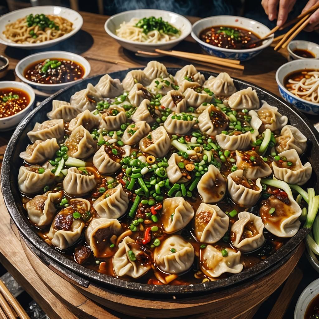 Sizzling Dumplings in Chinese Night Market Photography