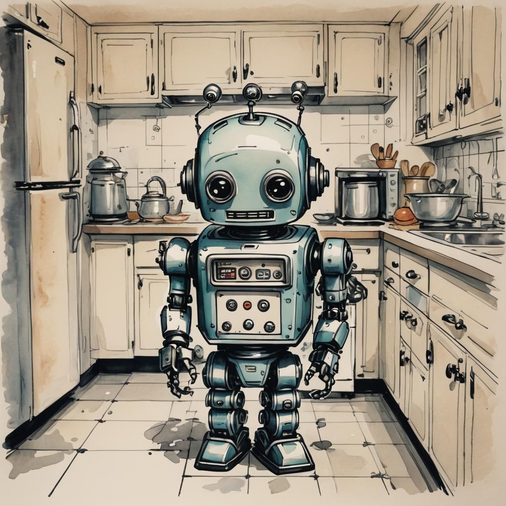 Whimsical Chibi Robot in 1950s Kitchen: Ink Sketch