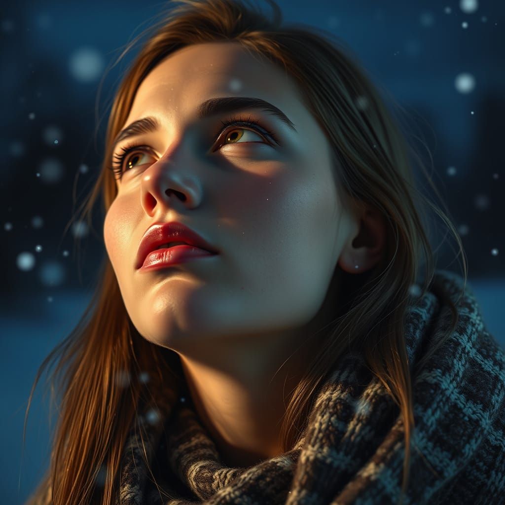Hyperrealistic Woman Gazing at Stars in Snowy Night