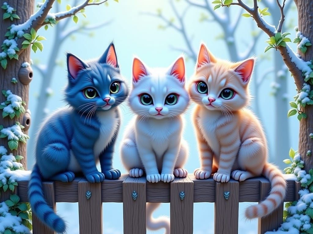 Whimsical Cats in Winter Wonderland, Watercolor Painting