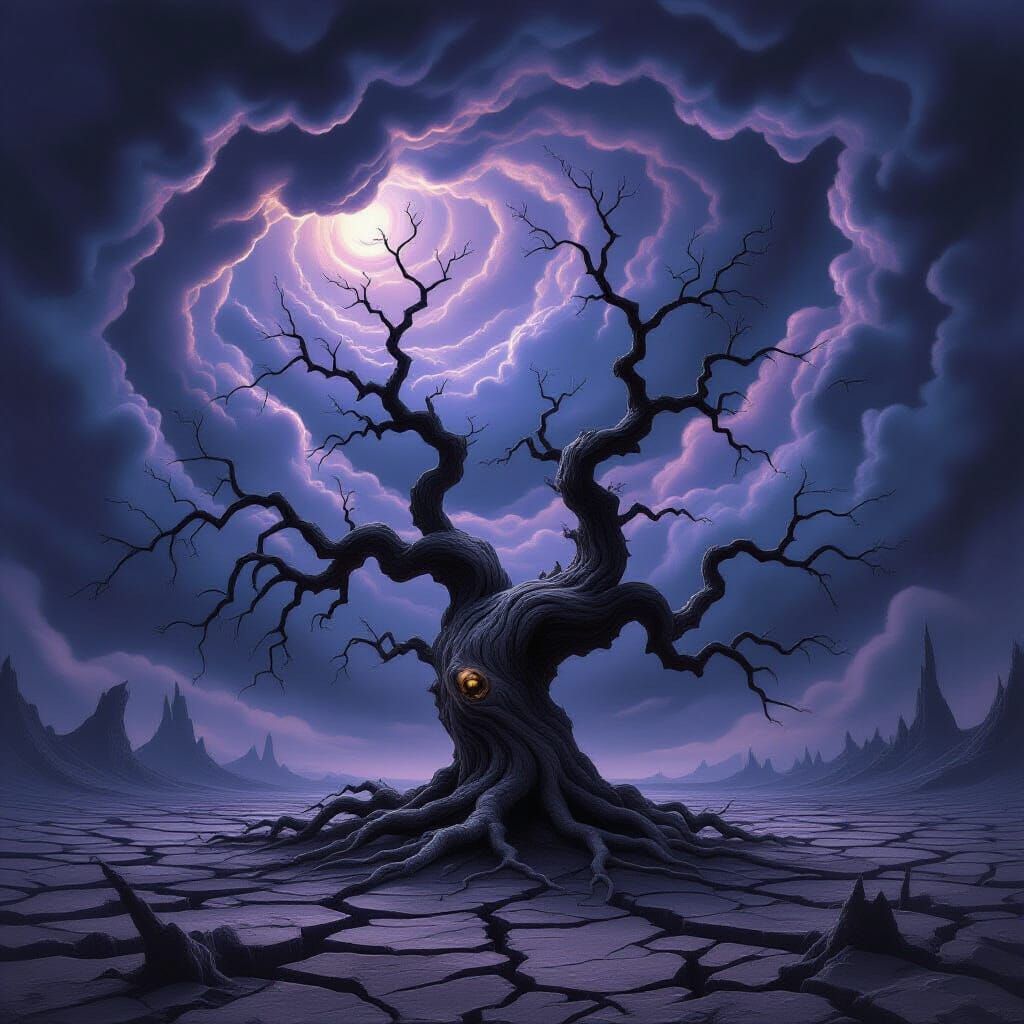 Spooky Ancient Oak on Barren Landscape Under Stormy Skies