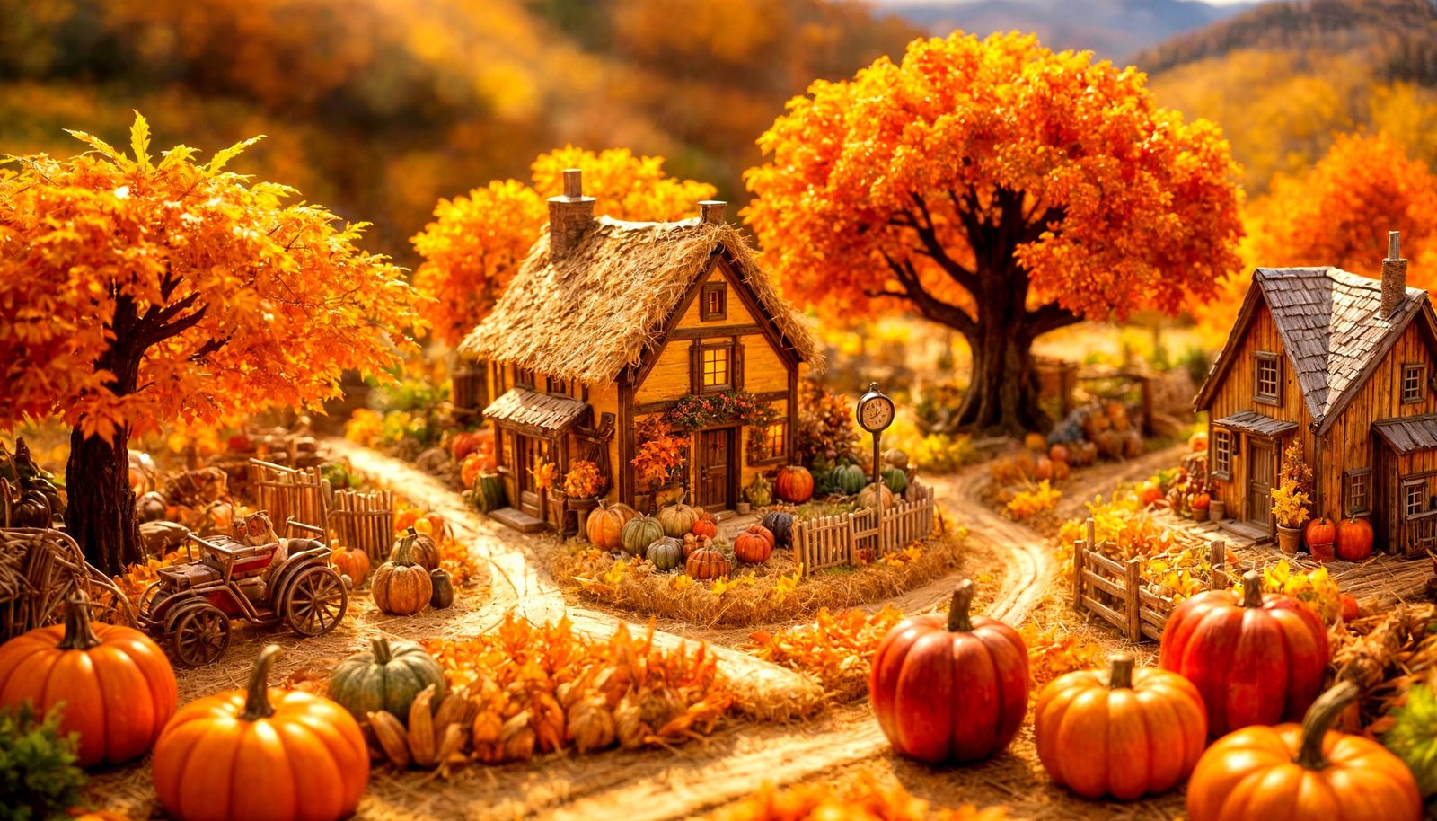 Abundant Miniature Autumn Harvest Farm Scene with Straw Art