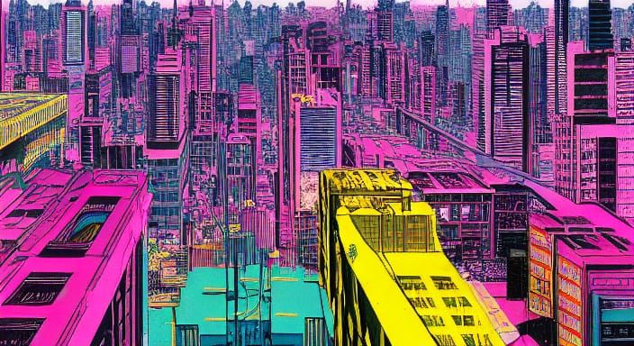 Punk Cityscape at Twilight in Syd Mead and Moebius Style