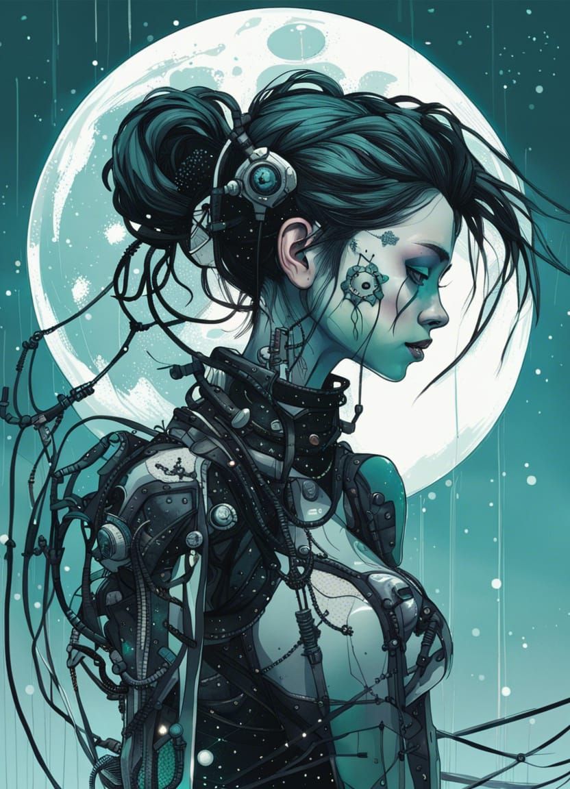 Cyborg Woman with Exoskeleton under Moon