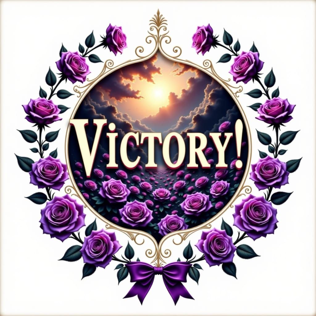 Victory Word Art in Surreal Cosmic Rose Landscape