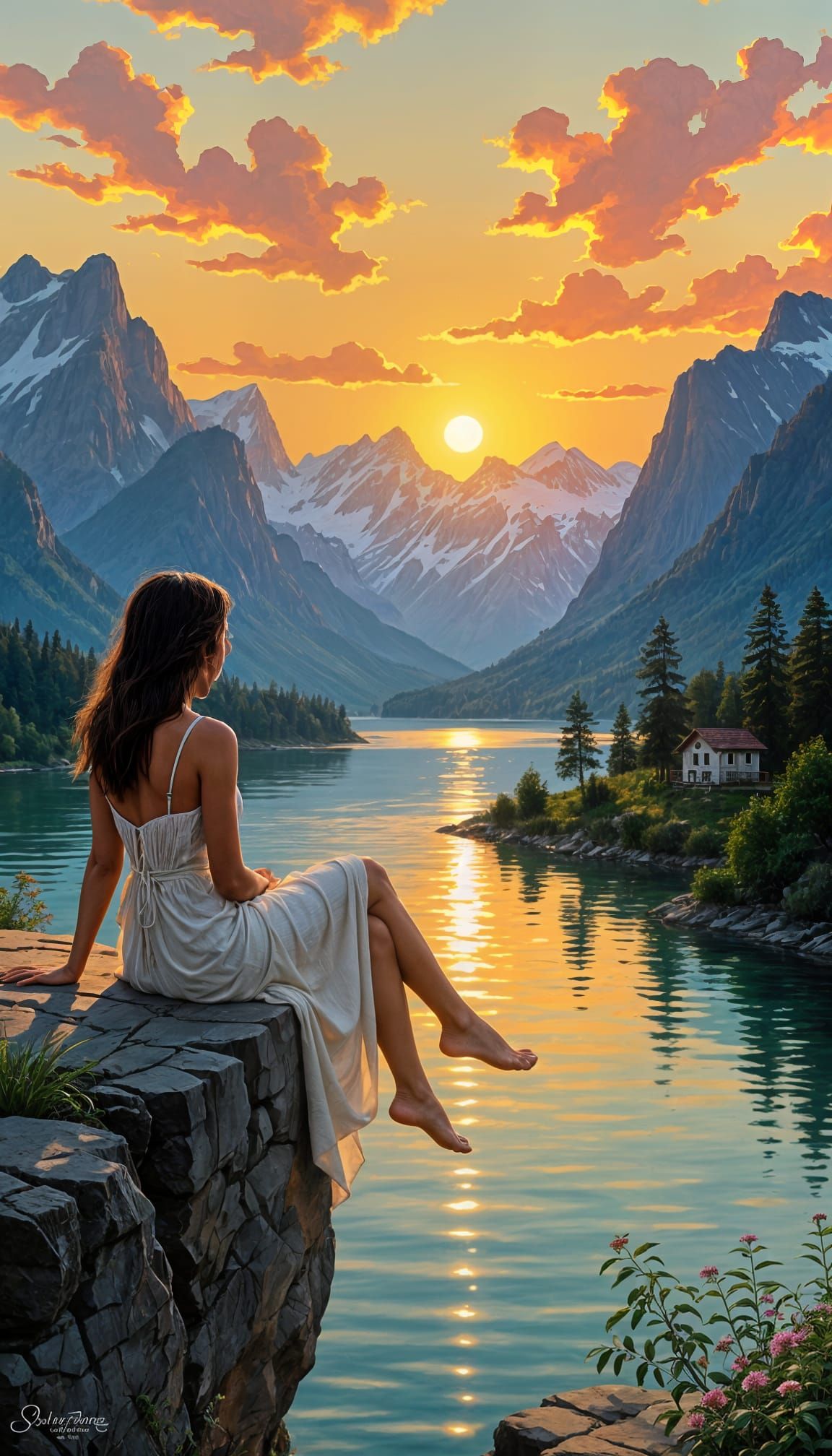 Barefoot Woman at Sunrise on Mountain Cliff