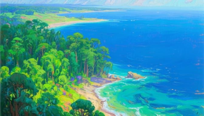 Vibrant Forest Meets Deep Blue Sea in Expressive Oil Paintin...