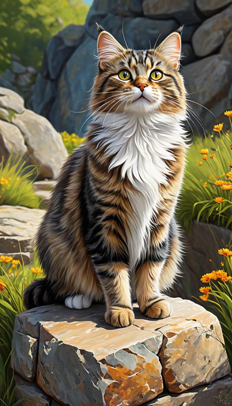 Playful Cat on Stone Ledge in Digital Painting Style