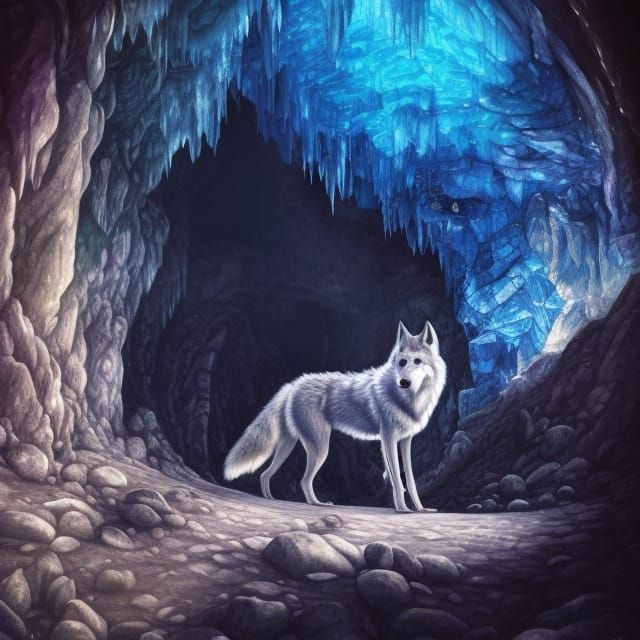 Wolf in Crystal Cave with Flowing Water