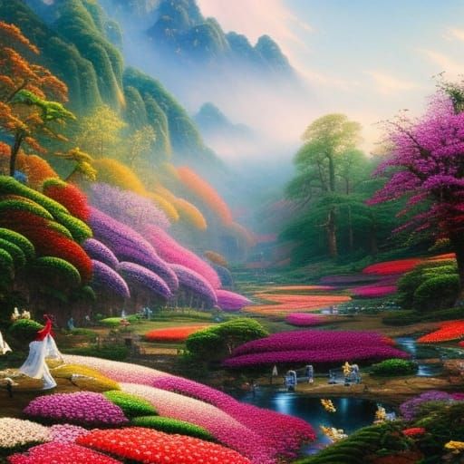 Ethereal Chinese Martial Artist in Floral Forest