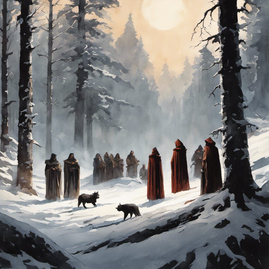 Cloaked Figures Gather in Snowy Forest, Watercolor Comic