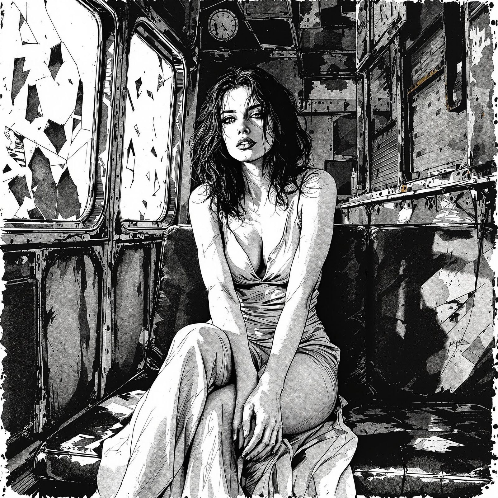 Moody Noir Woman in Derelict Train Car