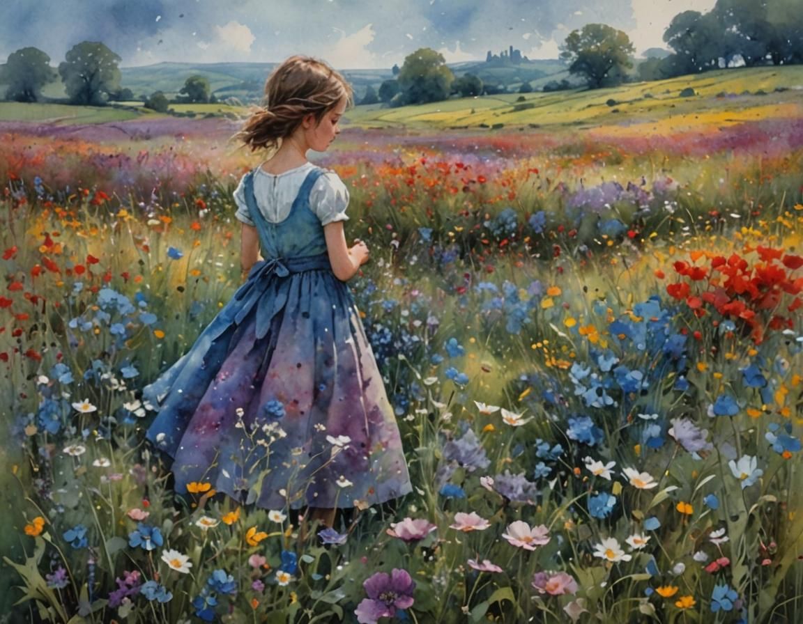 Girl in Blooming Flower Meadow Watercolor
