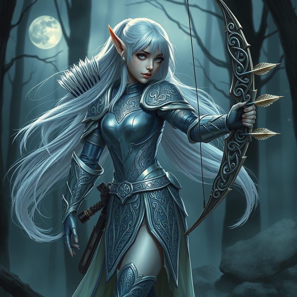 Silver Elf Warrior in Mystic Moonlit Forest