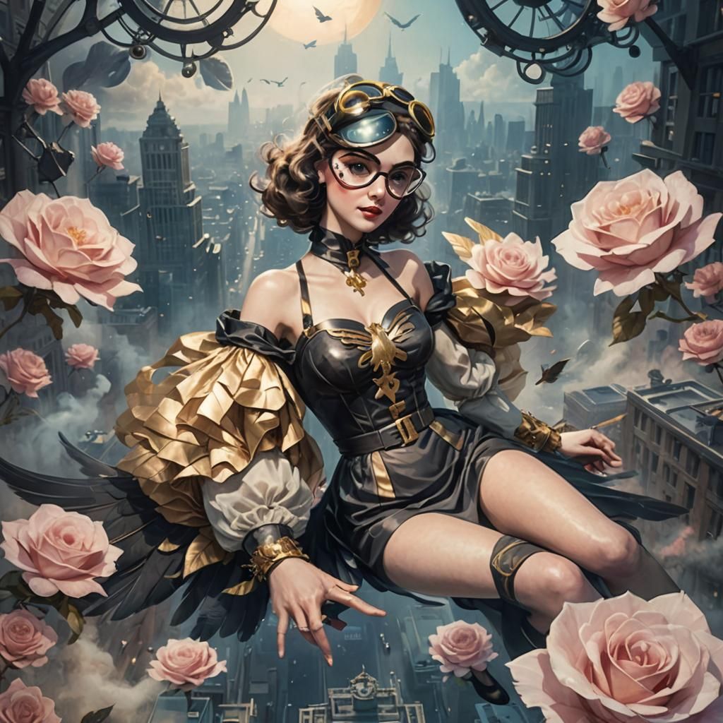 Flying Lady Over Metropolis: Retro-Futuristic Concept Art