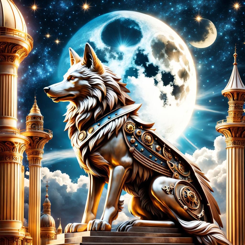 Steampunk Wolf Howling Under the Moon