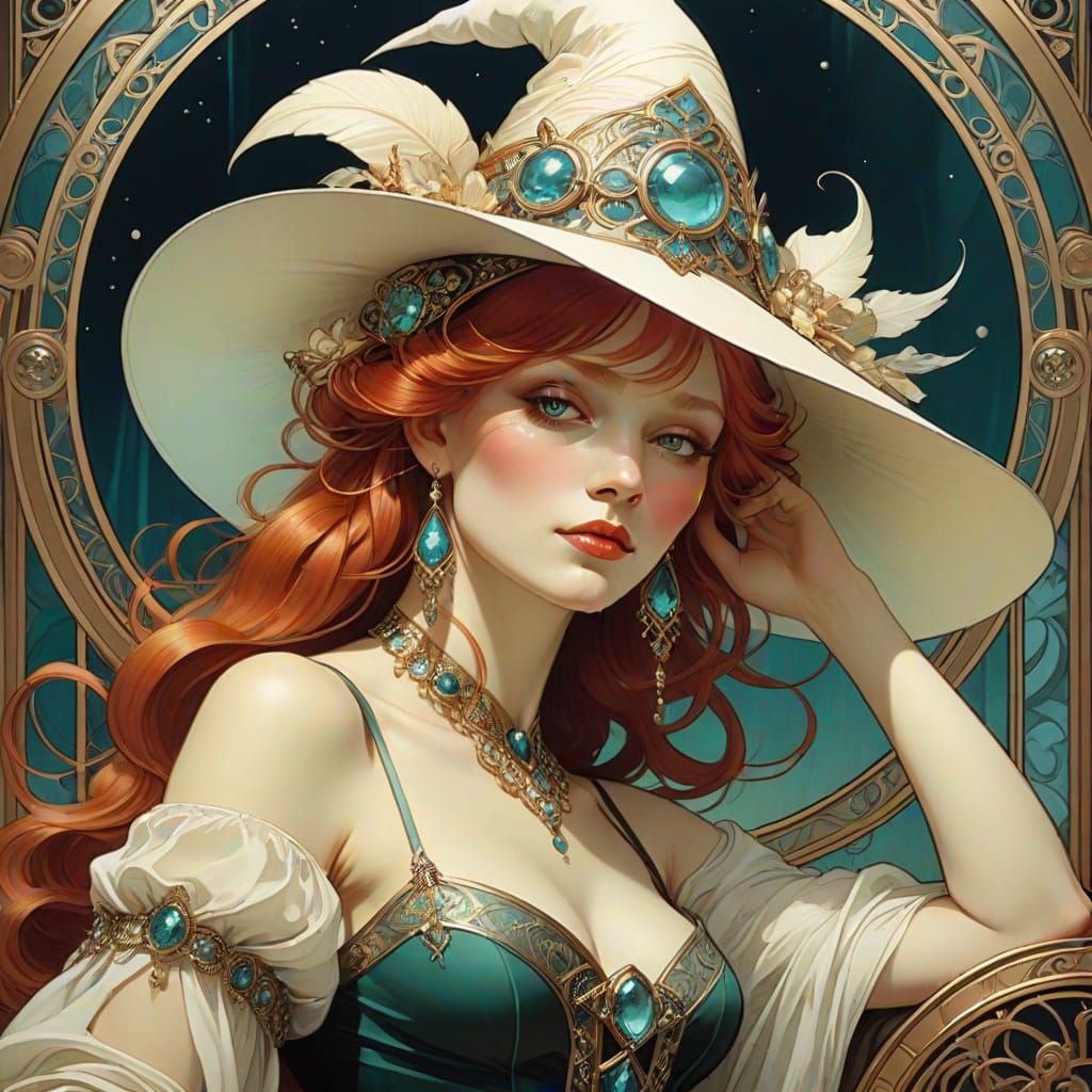Surreal Art Deco Femme Fatale in Jeweled Witch Hat