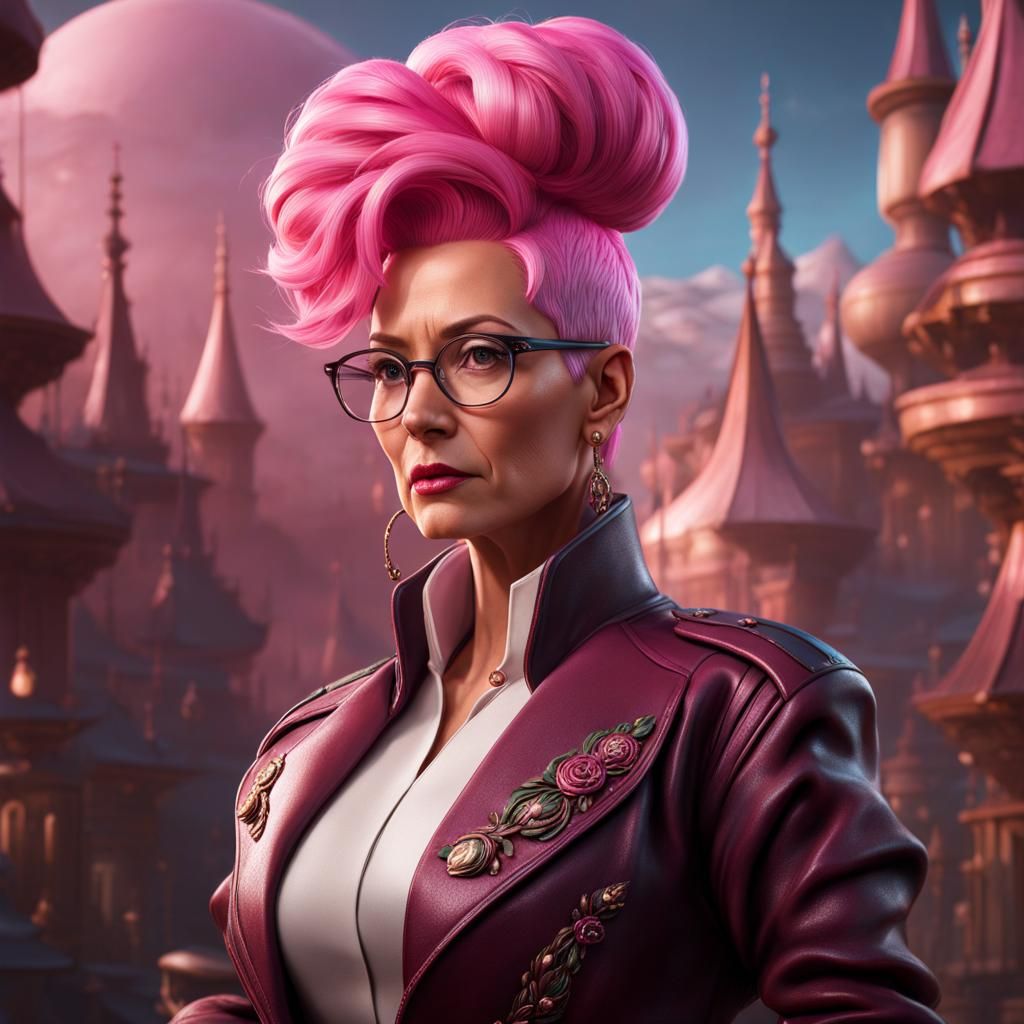 Mature Woman with Pink Hair, Detailed Matte Painting