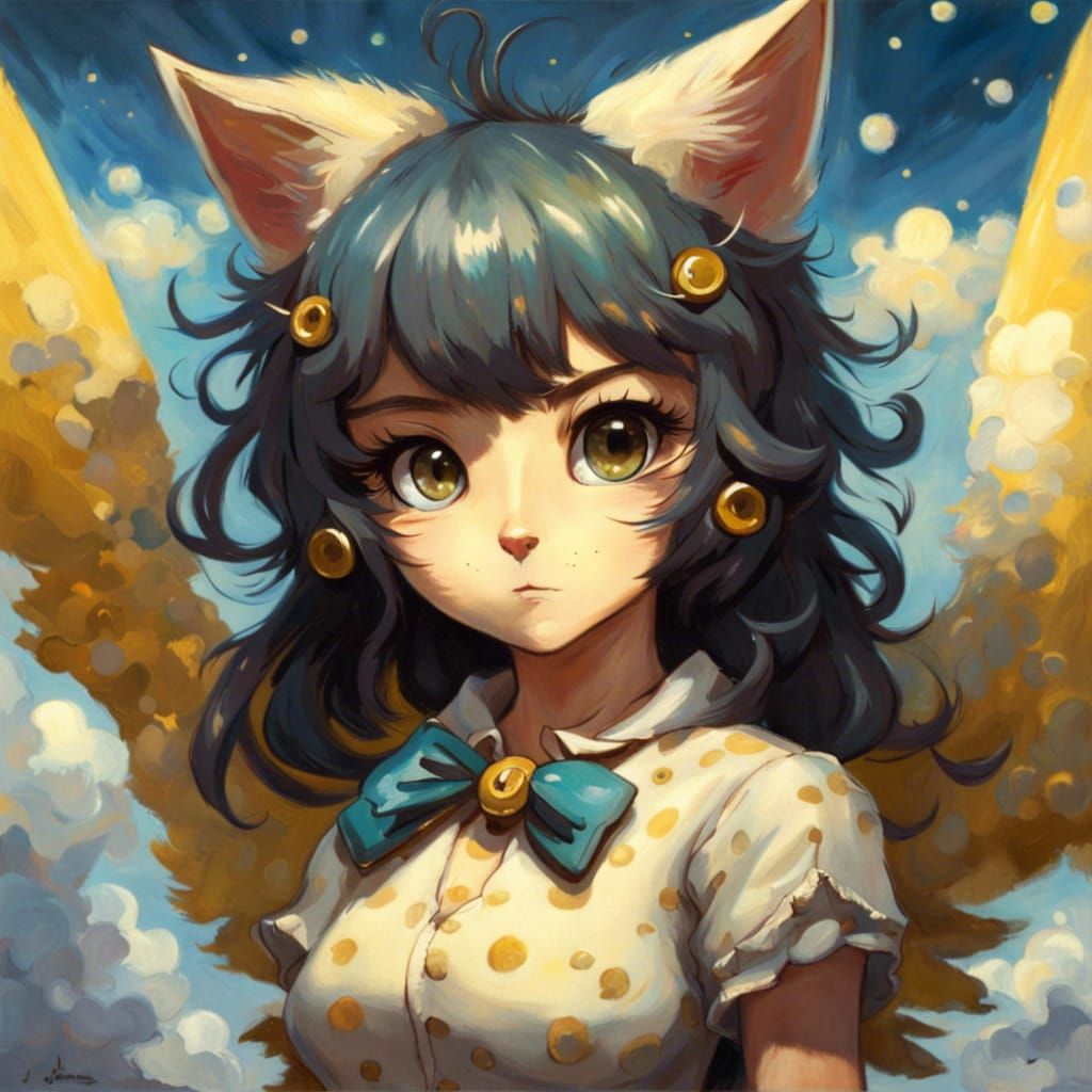 Anime Cat Girl in Van Gogh Style