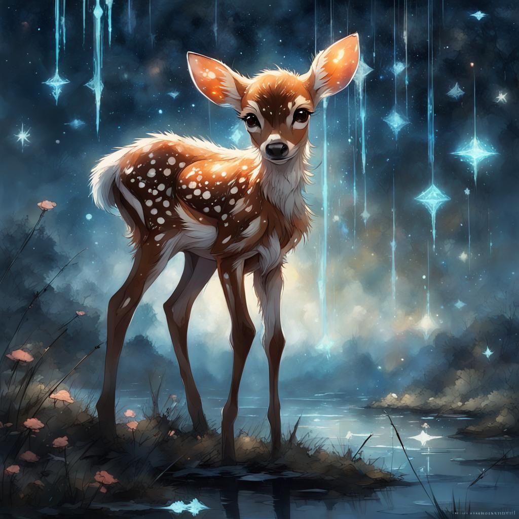Fluffy Fawn in Bioluminescent Starry Sky Garden