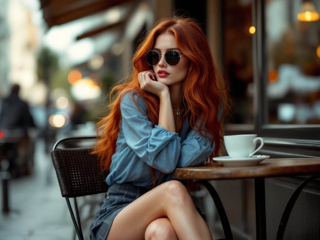 Elegant Woman with Red Hair in Dusk Lighting