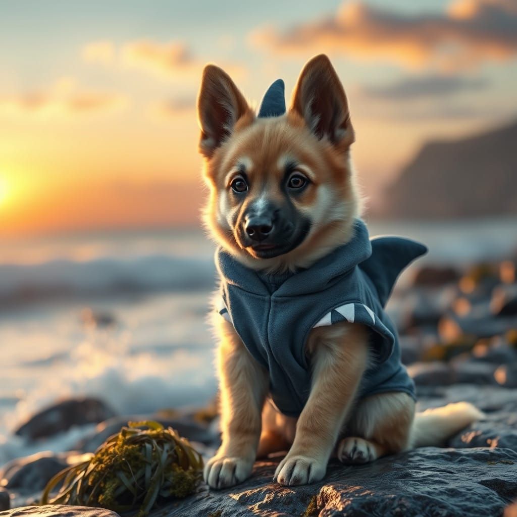 Wonderful Sunset Coastal Scene with Pup in Shark Costume