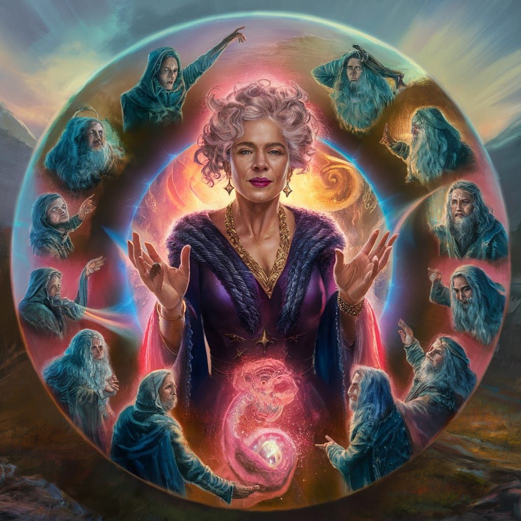 Enchanting Sorceress Surrounded by Mystical Druids