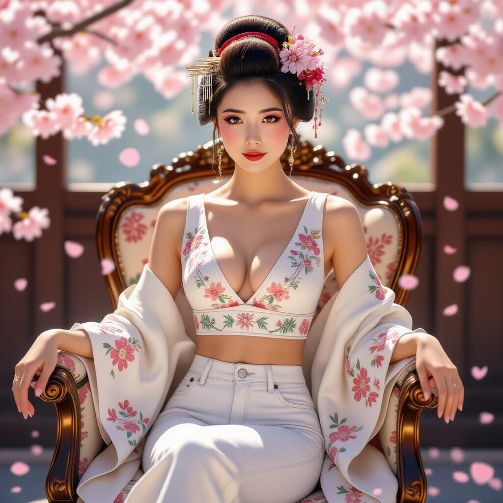 Japanese Geisha in Jeans with Cherry Blossoms