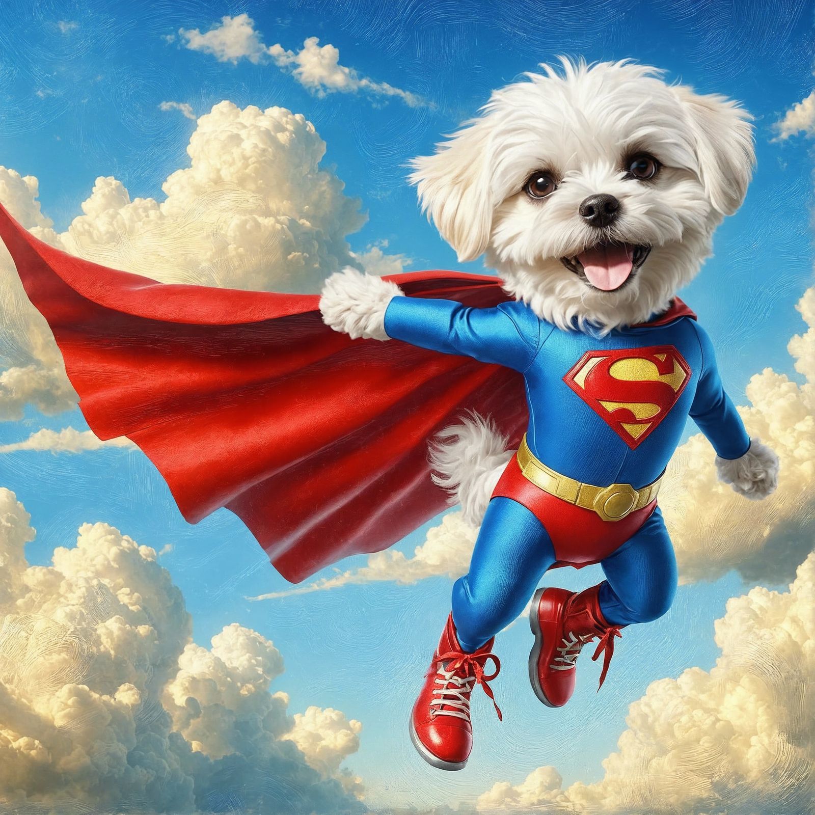 Super-Powered Dog Soaring in Oil Painting Style