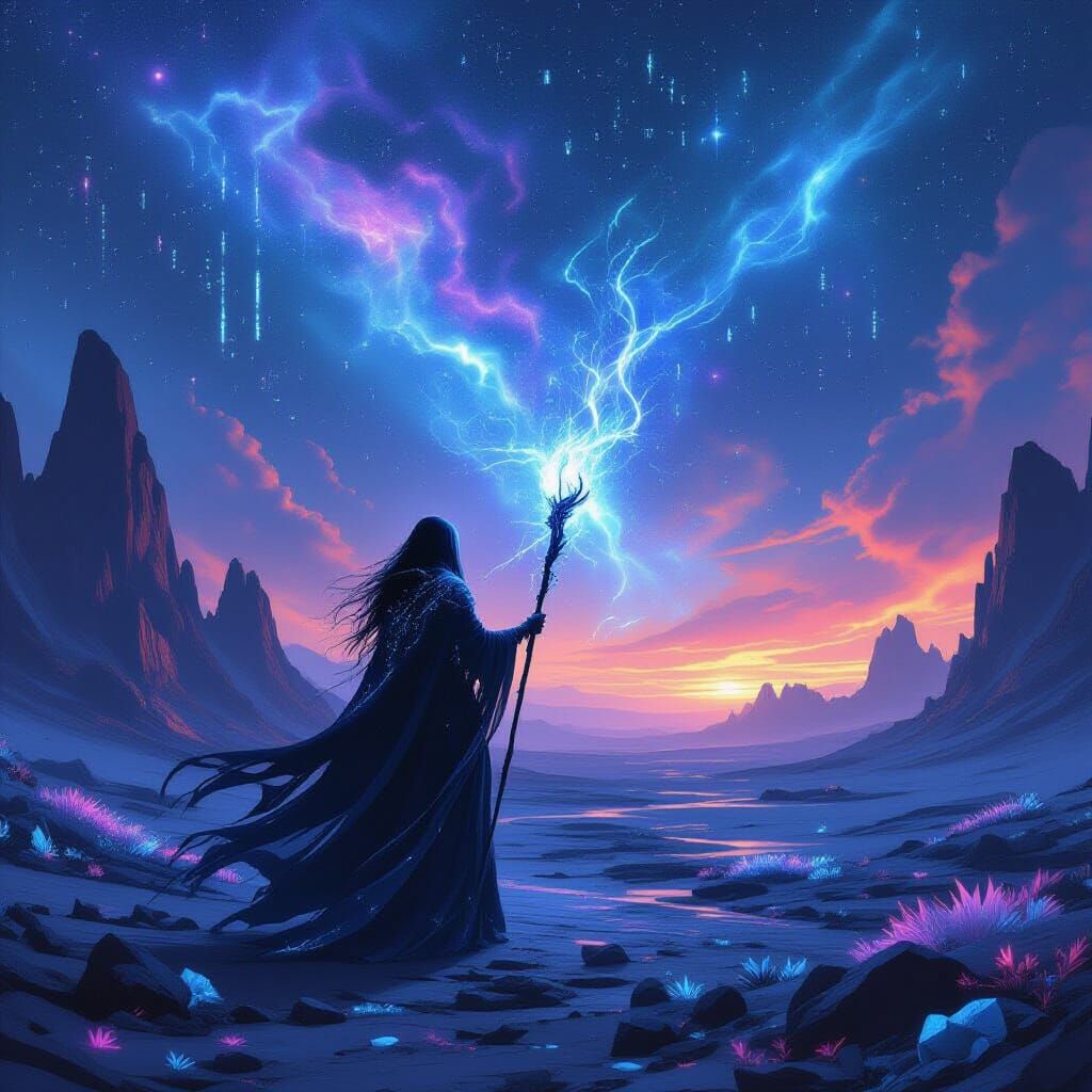 Ethereal Sorceress on Alien World in Cyberpunk Style
