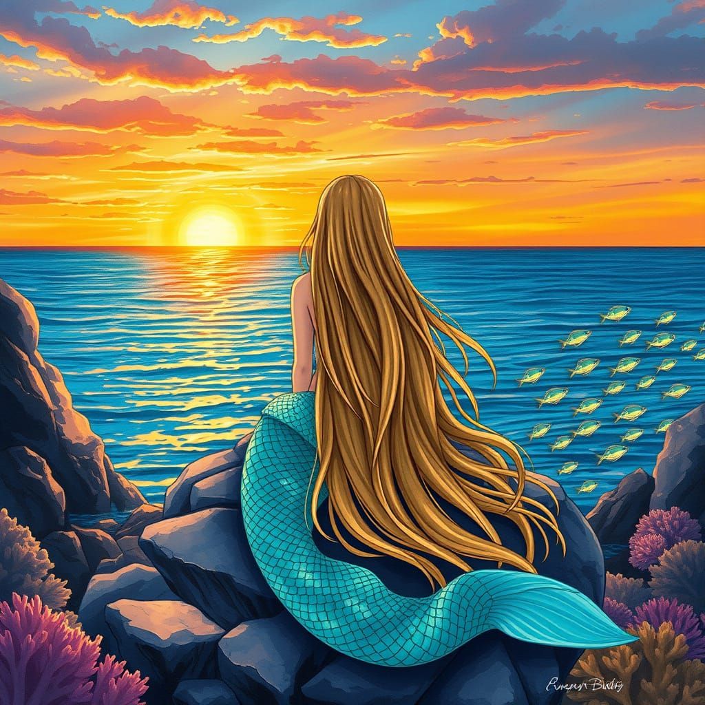 Mermaid Gazing Out at Sunset over Tranquil Ocean