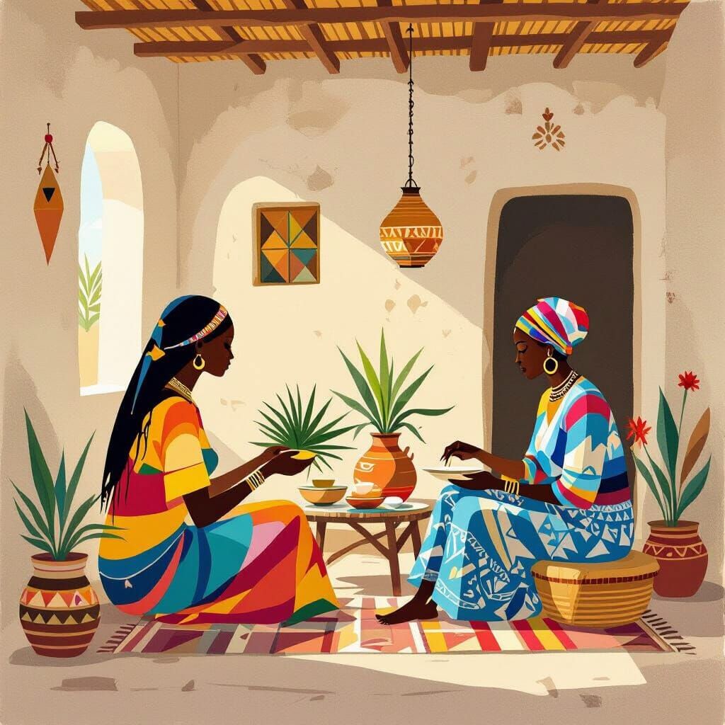 Nubian Mother and Daughter in Abstract Home