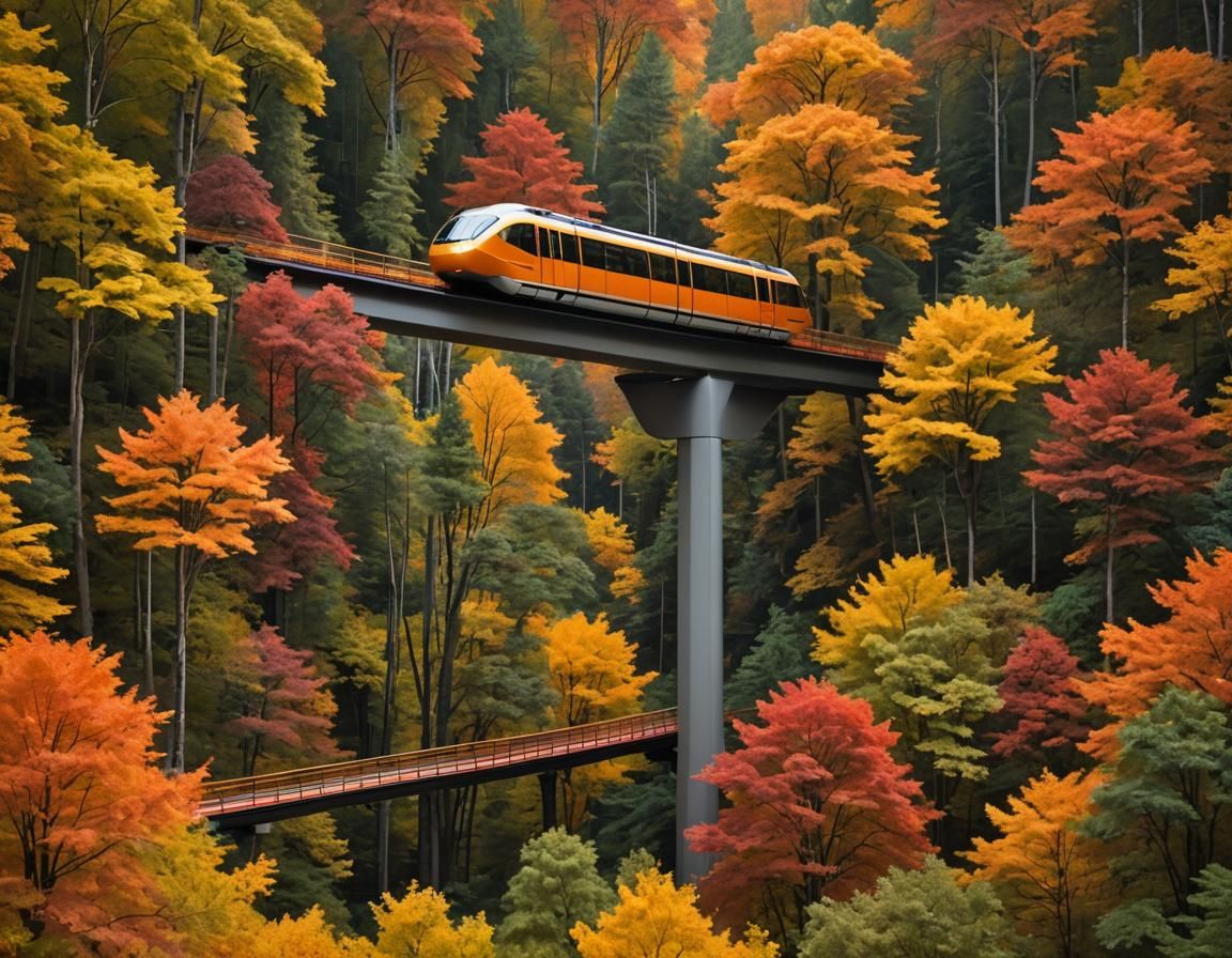 Orange Monorail Glides Through Autumn Forest